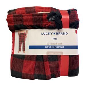 Red - Lucky Brand Cloud Soft Men's Sleep Fleece Pant, Button Fly Opening, Side P